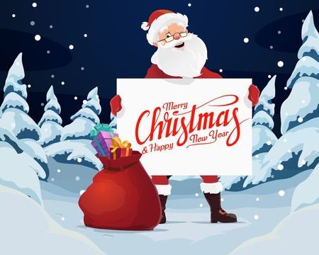 Merry Christmas holiday vector design. Santa with white blank paper or card, gifts bag, pine and fir trees in snow and falling snowflakes. Winter holiday celebrationのイラスト素材