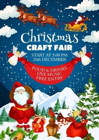 Xmas craft fair vector poster with Santa Claus and sack of gifts on snow. Fir tree and lantern, bullfinch and house, carriage with deers and angels. Mountains and night sky at Christmas eveのイラスト素材