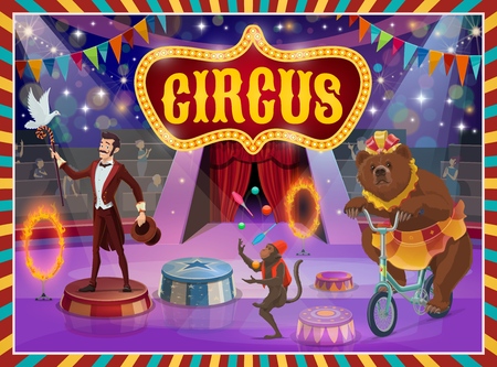 Circus show vector poster, trick illusionist, animal tamer and acrobats. Vector big top circus retro signboard, performance magician with stick and hat, monkey juggling pins and bear on bicycleのイラスト素材