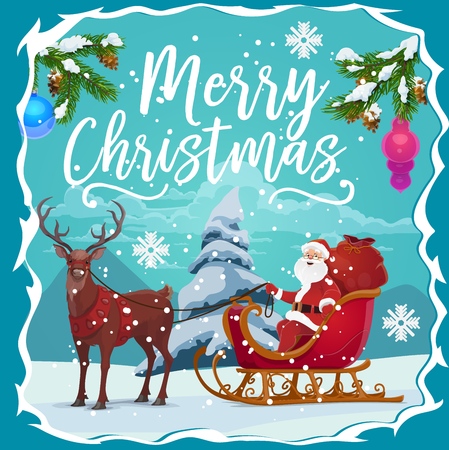 Santa Claus on reindeer sleigh with Christmas gifts red bag greeting card in frame of Xmas tree branch, snow, balls and snowflake. Merry Christmas and Happy New Year winter holidays vector themeのイラスト素材