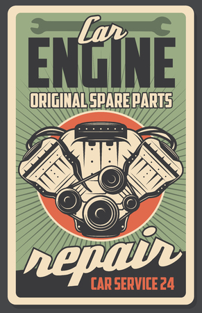 Car auto repair service retro poster. Vector vintage design of engine motor and original automobile spare parts shop or mechanic garage. Transport renovation and restoration, wrench toolのイラスト素材