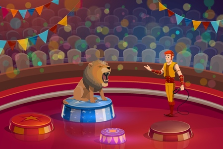 Circus show and trained lion animal on stage. Handler and wild beast and man in stage costume, dangerous trick with animal or predator sitting with open mouth, entertainment performance vector isolatedのイラスト素材