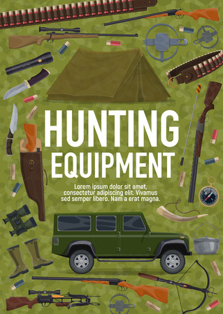 Equipment for hunting sport poster with weapon, camping tent and SUV car. License to hunt, gun or rifle and trap, bullets and knife. Flashlight and binocular, compass and kettle, horn and boots vectorのイラスト素材