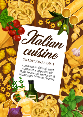 Italian pasta spaghetti, fettuccine and ravioli. Italy traditional food cooking vector ingredients of olive oil and tomato with tagliatelle, lasagna or linguine and pappardelle pastaのイラスト素材