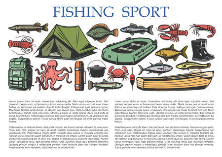 Fishing sport and fisherman tackles equipment with fish catch license. Vector fishing rod, rubber boat and camping tent or lures and hooks on octopus, shrimp or tuna and catfish or pikeのイラスト素材