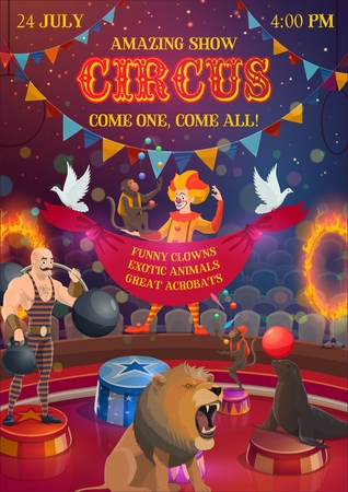 Circus show, chapiteau performance, clown and athlete, trained animals. Vector joker in wig, strong man with dumbbell and barbell. Monkey jugglers and seal with ball, lion and doves, hoops in fireのイラスト素材