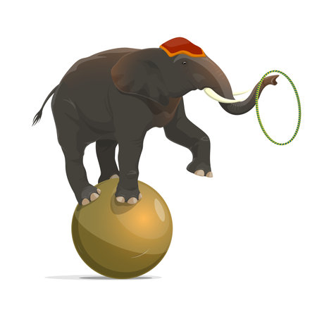 Circus elephant balancing on ball and juggling hoop on trunk with raised leg. Vector isolated circus animal equilibrist performanceのイラスト素材
