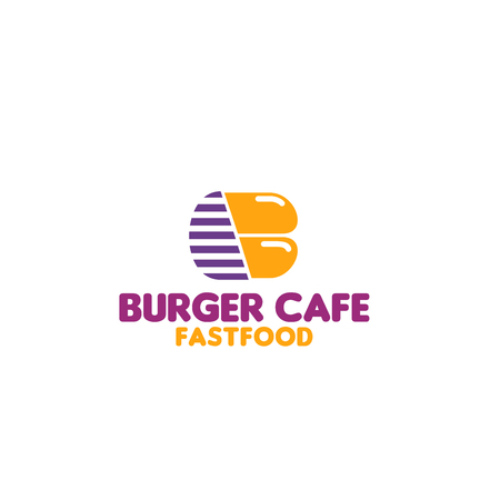 Vector sign for burger cafe or fast food restaurant. Creative badge in yellow and magenta colors isolated on white background. Concept of unhealthy food and street food, menu design for cafeのイラスト素材