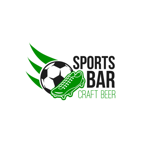 Sports bar with craft beer icon. Emblem for sport pub, football cafe for watching live games. Creative design for football bar. Badge with soccer ball and footwear, isolated on white backgroundのイラスト素材