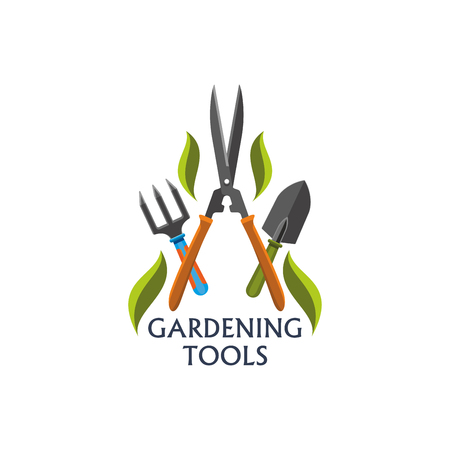 Vector icon with gardening tools. Gardening work tools gardening scissors, shovel and rake or forks. Badge with agricultural tools and green leaves isolated on white backgroundのイラスト素材