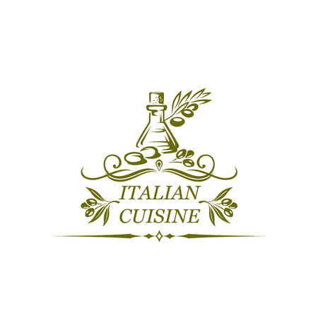 Italian cuisine isolated icon of olive oil and olives for traditional restaurant or cafe or national cuisine. Vector design of natural Italian traditional cooking olive oilのイラスト素材