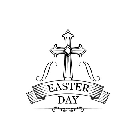 Easter day vector label. Black and white monochrome badge with Christian cross, symbol of resurrection of Jesus Christ. Holiday easter vector poster, isolated on white backgroundのイラスト素材