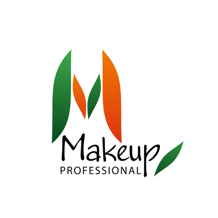 Makeup beauty salon icon of M letter for women cosmetics and make-up store. Vector letter M in orange and green colors for woman makeup professional cosmetic products companyのイラスト素材