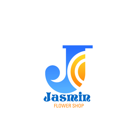 Flower shop icon with capital letter J and text jasmine. Corporate identity font of blue and orange alphabet symbol for florist business card, fashion or cosmetic company emblem designのイラスト素材