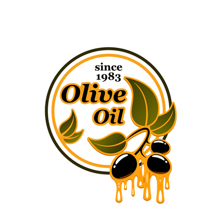 Olive oil icon of black olives and olive oil splash drops icon for extra virgin organic cooking oil bottle package design. Vector isolated olives and green leaf branch for Italian or Spanish cuisineのイラスト素材