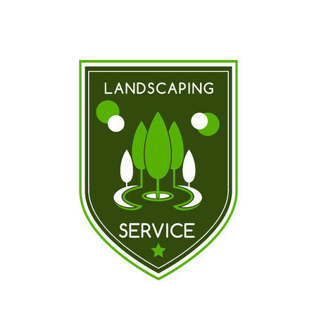 Landscaping design service icon of green trees in park for green landscape designing company. or horticulture eco association. Vector badge of green trees at parkland and premium starsのイラスト素材