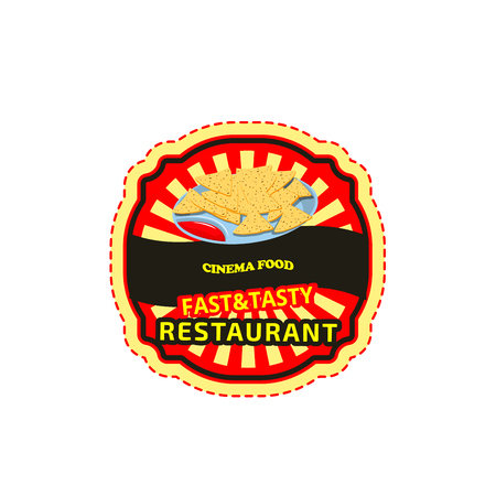 Cinema fast food bar icon for finger food snack menu. Vector isolated sign of Mexican nachos or potato chips and sauce for fastfood restaurant, bistro or delivery and takeawayのイラスト素材