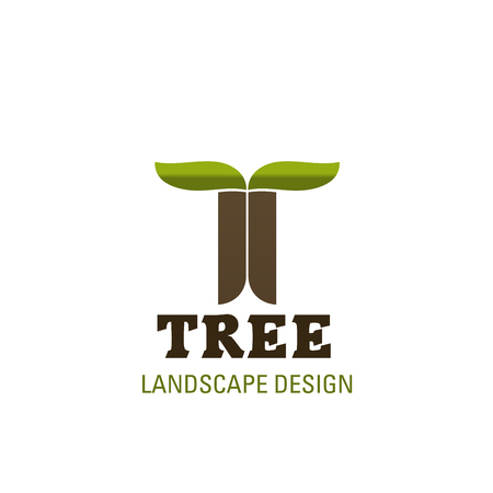 Green landscape design letter T icon in tree shape for landscaping and green gardening designing company. Vector isolated letter T symbol for parkland garden or park trees urban horticultureのイラスト素材