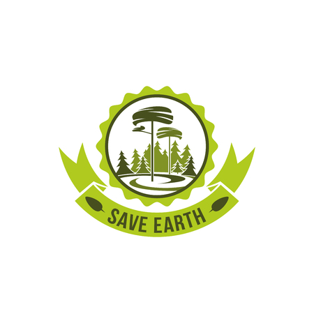 Save Earth vector sign. Creative badge for event of saving planet and environment. Creative green icon for Earth day holiday. Vector badge with green trees and fir-trees, isolated on white backgroundのイラスト素材
