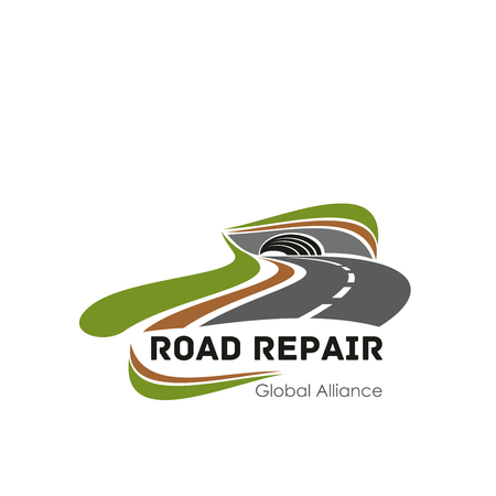Road repair global alliance icon of highway or motorway for transportation roads construction company. Vector isolated sign of tunnel roadway and transport lane with traffic marking for road buildingのイラスト素材