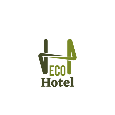 Eco hotel vector icon isolated on white background. Conceptual icon for hotels, cottages or eco friendly smart houses. Vector sign for wooden housing business or eco village resortのイラスト素材