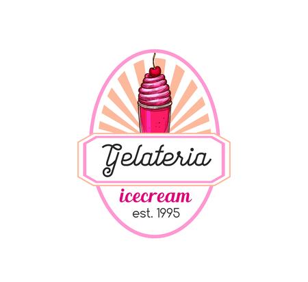 Ice cream icon for gelateria of ice cream dessert with cherry. Vector sweet frozen dessert gelato or sorbet scoop in wafer cone for cafe ice cream or Italian dessert gelateria cafeteriaのイラスト素材