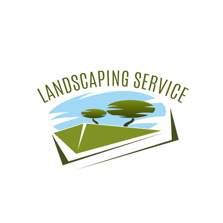 Landscaping service vector icon. Garden design company vector emblem. Concept of gardening and green house designing. Horticultural business, eco park or urban landscape creative badgeのイラスト素材
