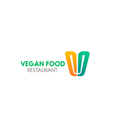 Vegan food restaurant vector icon isolated on white background. Creative badge for vegan menu or vegetarian food cafe. Vegan food icon in yellow and green colors, concept of healthy lifestyleのイラスト素材