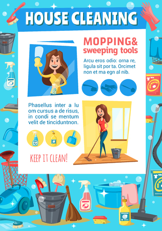 House cleaning service vector design of woman professional cleaner sweeping and mopping floor with cleaning tools, broom, brush and mop, vacuum cleaner and bucket. Housework or housekeeping themeのイラスト素材
