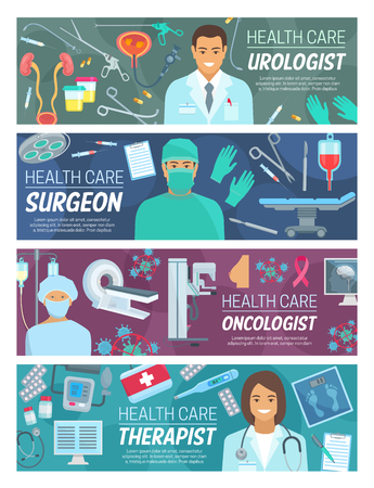 Doctors medical staff banners of medicine and healthcare vector theme. Surgeon, urologist, oncologist and physician therapist hospital personnel with surgery, urology and oncology tools and equipmentsのイラスト素材