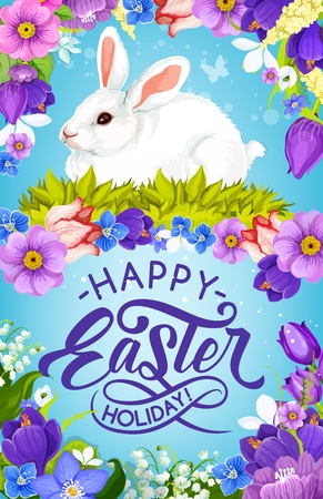 Easter bunny vector greeting card of christian religion holiday. White rabbit in floral frame of spring flowers, daffodils, tulips and green grass, crocus, lily of the valley and butterfliesのイラスト素材