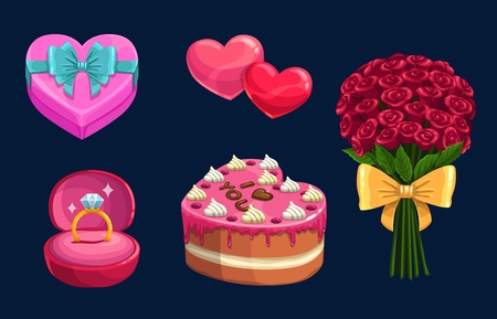 Valentines Day gift vector icons. Love hearts, present box and bouquet of red rose flowers with ribbon bows, chocolate cake and diamond ring symbols of february romantic holiday or wedding designのイラスト素材