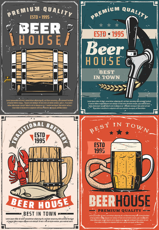Beer house retro posters for pub or bar. Traditional brewery cards barrel, glass and wooden mug of refreshing beer with foam, faucet icon, opener and wheat. Vector snacks pretzel, crayfish and fishのイラスト素材