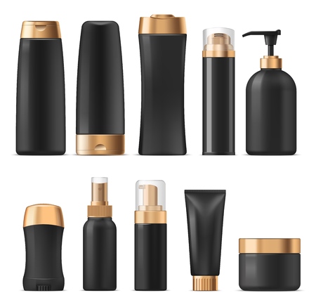 Perfumes and cosmetics, cream and lotion containers mockup. Vector shampoo or gel, hair conditioner and sprayer, liquid soap and deodorant. Cosmetical oil and moisturizer in plastic bottles or jarsのイラスト素材