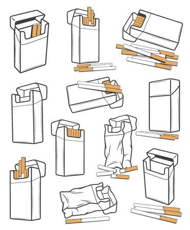 Cigarette packs icons crumpled and torn, vector. Cigar with filter open and closed packaging boxes, empty and full carton packages blank mockups. Smoking tobacco, nicotine addiction, bad habitのイラスト素材