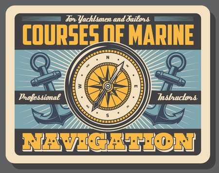 Marine courses, boatmasters school, yachtsmen and sailors, navigation. Vector compass, rose of wind and anchors, nautical symbols. Professional instructors service, direction orientation in seaのイラスト素材