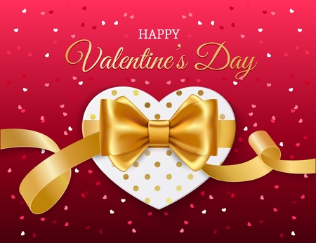Valentines Day romantic love holiday vector greeting card design. Heart, decorated by golden ribbons, bow and dot pattern with greeting wishes in centerのイラスト素材