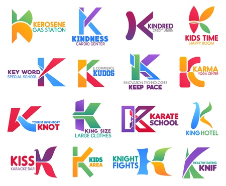 Corporate identity letter K business icons. Vector gas and medicine, finance and entertainment, education, ecommerce and technology. Sport and travel, fashion and recreation, food signs or symbolsのイラスト素材