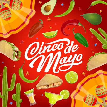 Cinco de Mayo Mexican holiday vector greeting card with mariachi maracas and fiesta party food. Tequila margarita, chilli peppers and cactus, avocado, tacos, lime and Latin American festival dressのイラスト素材