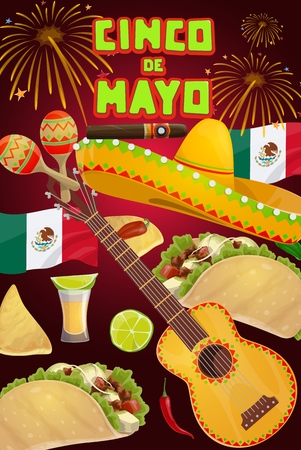 Cinco de Mayo fiesta party vector greeting card with Mexican holiday sombrero, guitar and food. Tequila margarita, maracas and flag of Mexico, chili tacos, nachos and cigar, Latin American festivalのイラスト素材