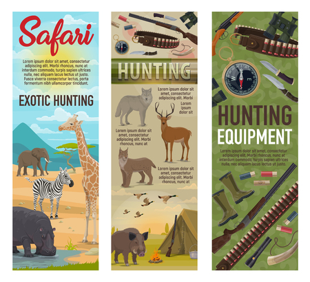 African Safari hunting, forest hunt and savanna animals trophy with hunter ammo. Vector elephant, zebra or giraffe and hippopotamus, traps and carbine rifle guns, wold or deer and boar with ducksのイラスト素材