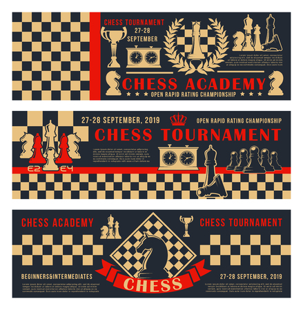 Chess academy or tournament and championship banners. Vector chess leisure games pieces horse, rook and king crown on chessboard strategy background with score clockのイラスト素材