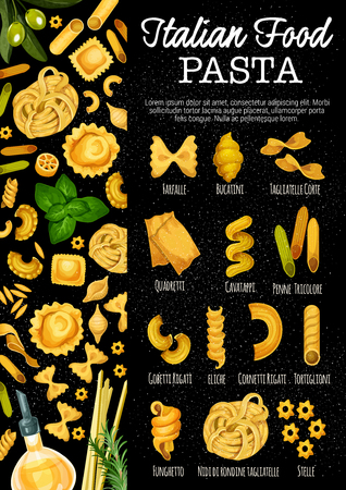 Italian pasta, Italy traditional food. Vector pasta sorts farfalle, bucatini or tagliatelle corte and quadretti, cavatappi or penne tricolore with gobetti rigati, eliche or cornetti and tortiglioniのイラスト素材