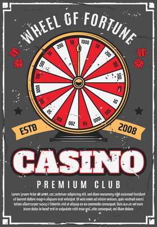 Wheel of fortune and casino gambling games poster. Vector poker gamble dice and prize roulette with money jackpot win, stars and ribbonsのイラスト素材