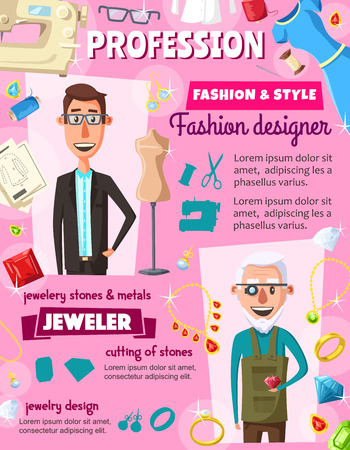 Fashion designer or dressmaker tailor and jeweler professions. Vector dress and clothes tailoring, sewing machine and threads, jewelry diamonds and gemstones appraiser with magnifierのイラスト素材