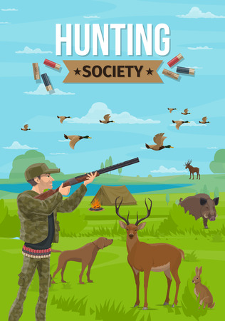 Hunting sport, hunter holding rifle, dog on hunt. Vector forest animals and camping tent with campfire near lake, duck and deer, boar and rabbit, moose. Hunters club society, shooting gun, campfireのイラスト素材