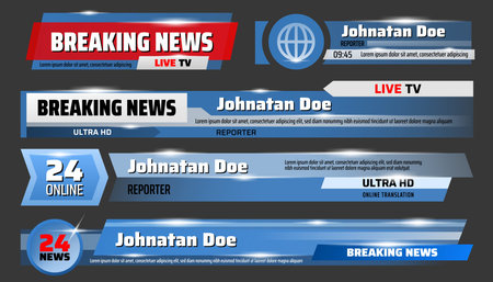 Breaking news and TV screensavers, glass, translucent templates. Vector urgent announcement ticker,...