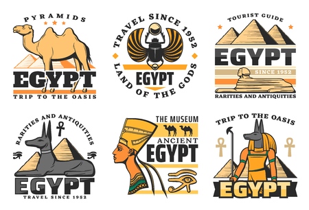 Travel to Egypt, great pyramids isolated icons. Vector camel and scarab, sphinx and Pharaoh Hound, Nefertiti queen and Anubis God. Ancient history of Egyptian culture and religion, museum symbolsのイラスト素材