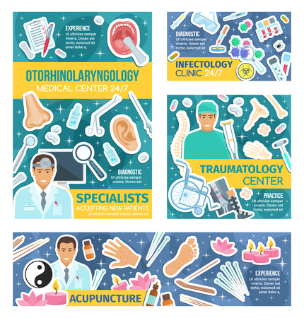 Medicine hospital doctors, vector. Otorhinolaryngology, traumatology, acupuncture and infectiology. Medical tools and X-ray, organs and germs, bones and acupoints, wheelchair and pillsのイラスト素材