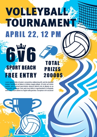 Volleyball sport game, ball and whistle, net and trophy cup. Vector beach tournament, equipment and award. Sporting items and prize winners, championship or competition match, invitation on playのイラスト素材
